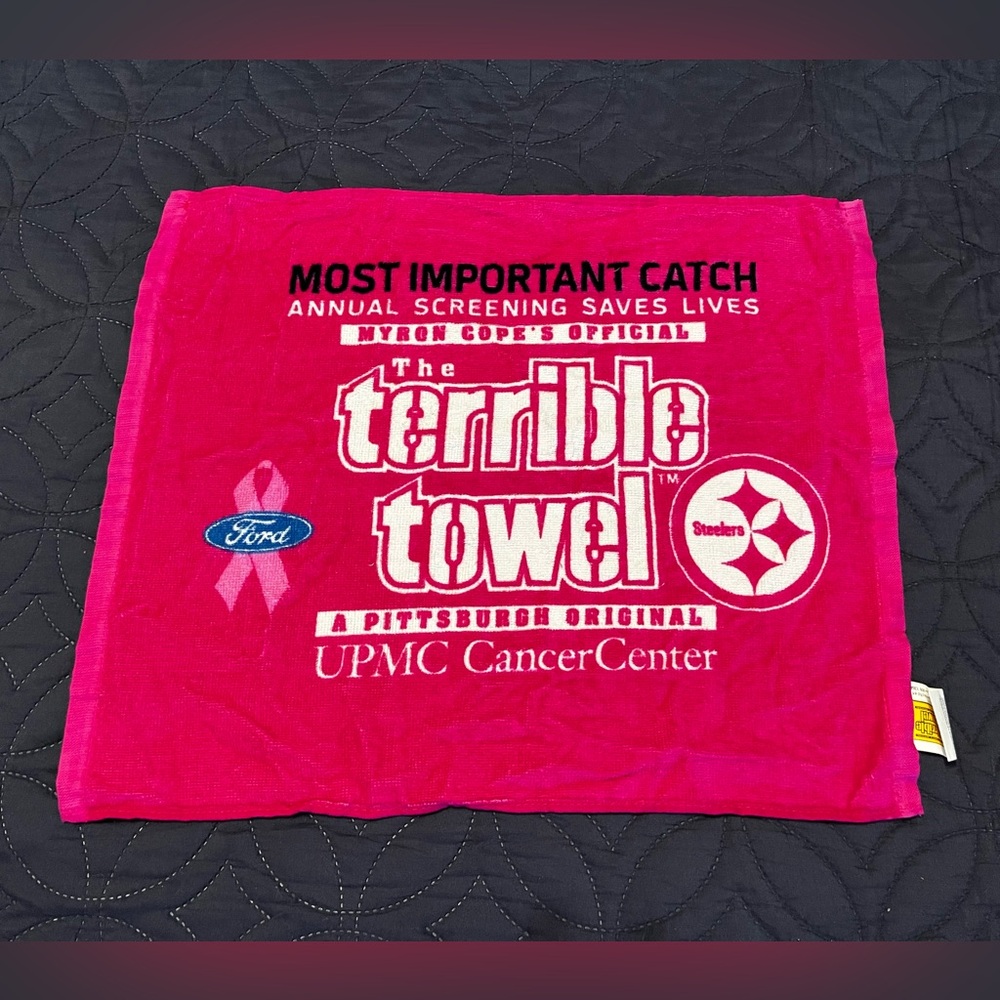 Terrible towel - pink - most important catch - Myron cope - UPMC cancer center